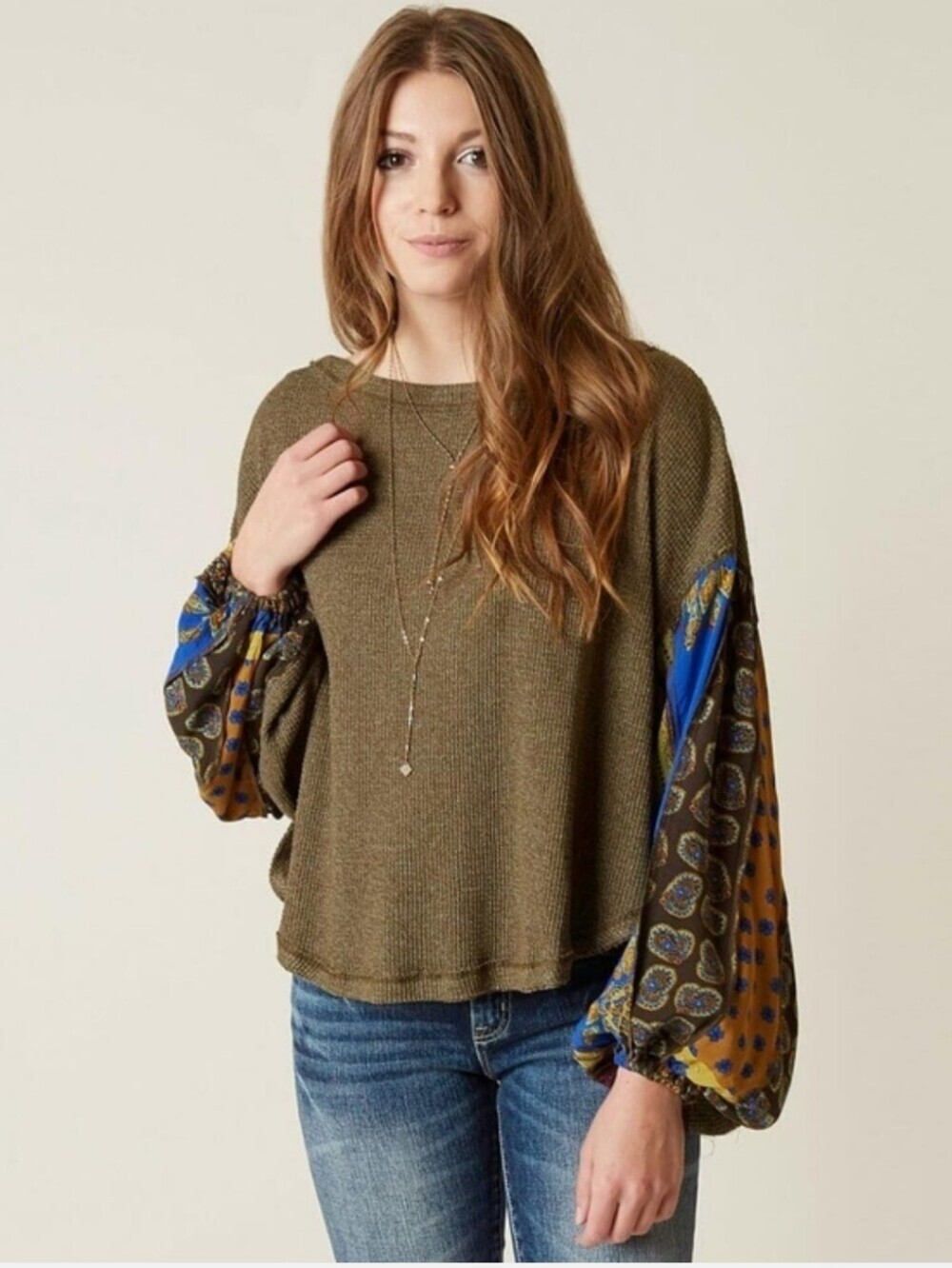 Free People "We The Free" Blossom thermal waffle knit top olive green Size PS